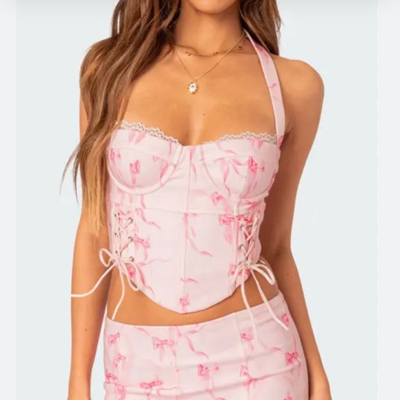 Edikted Tops - EDIKTED Pink Bow Print Lace Up Halter Corset Style Crop Top Size S